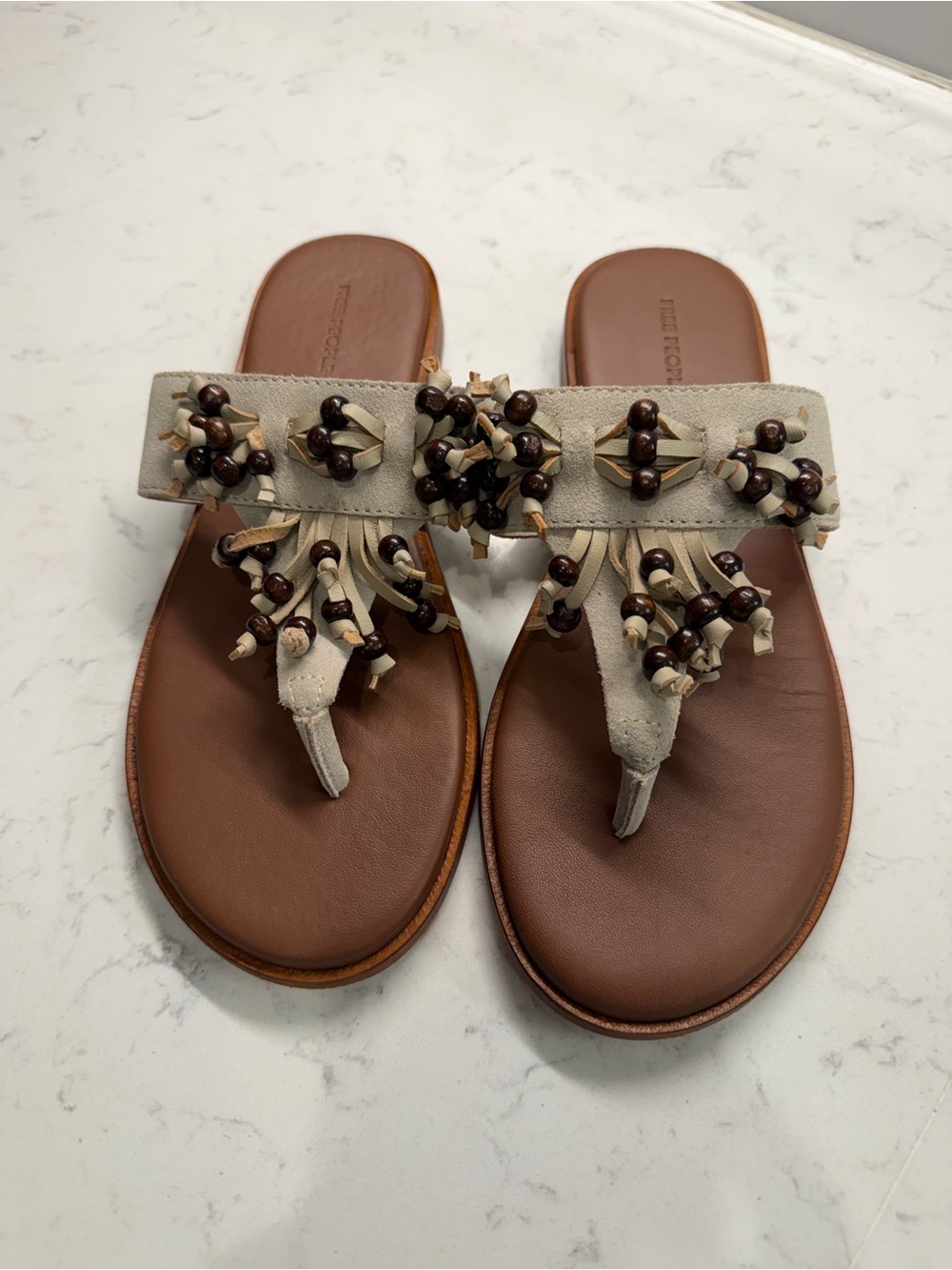 Free People Beige and Brown Beaded Thong Sandals